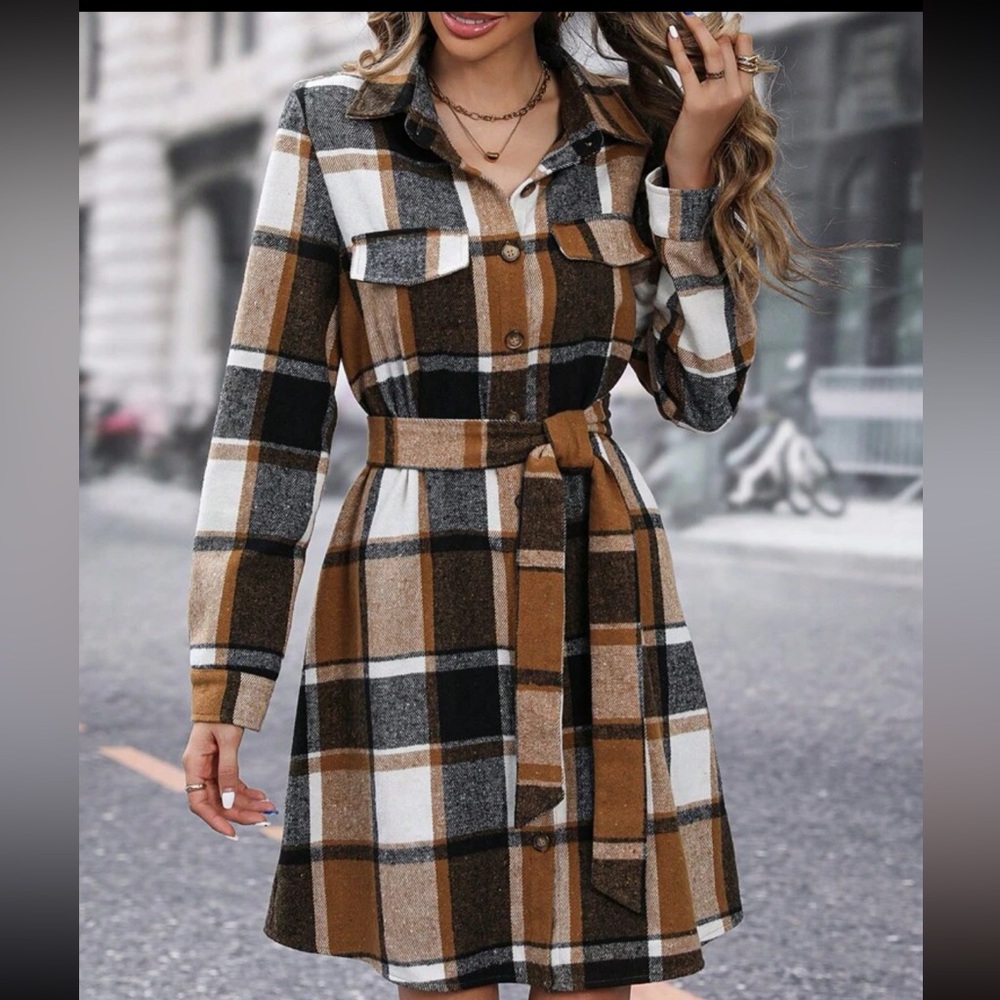 Classic Elegant Plaid Check Print Shirt Belted Dress - Picture 4 of 6